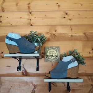 Marina Luna Italy Perforated Suede Leather Cork Wedge Sandal Slingback Shoe Sz 9